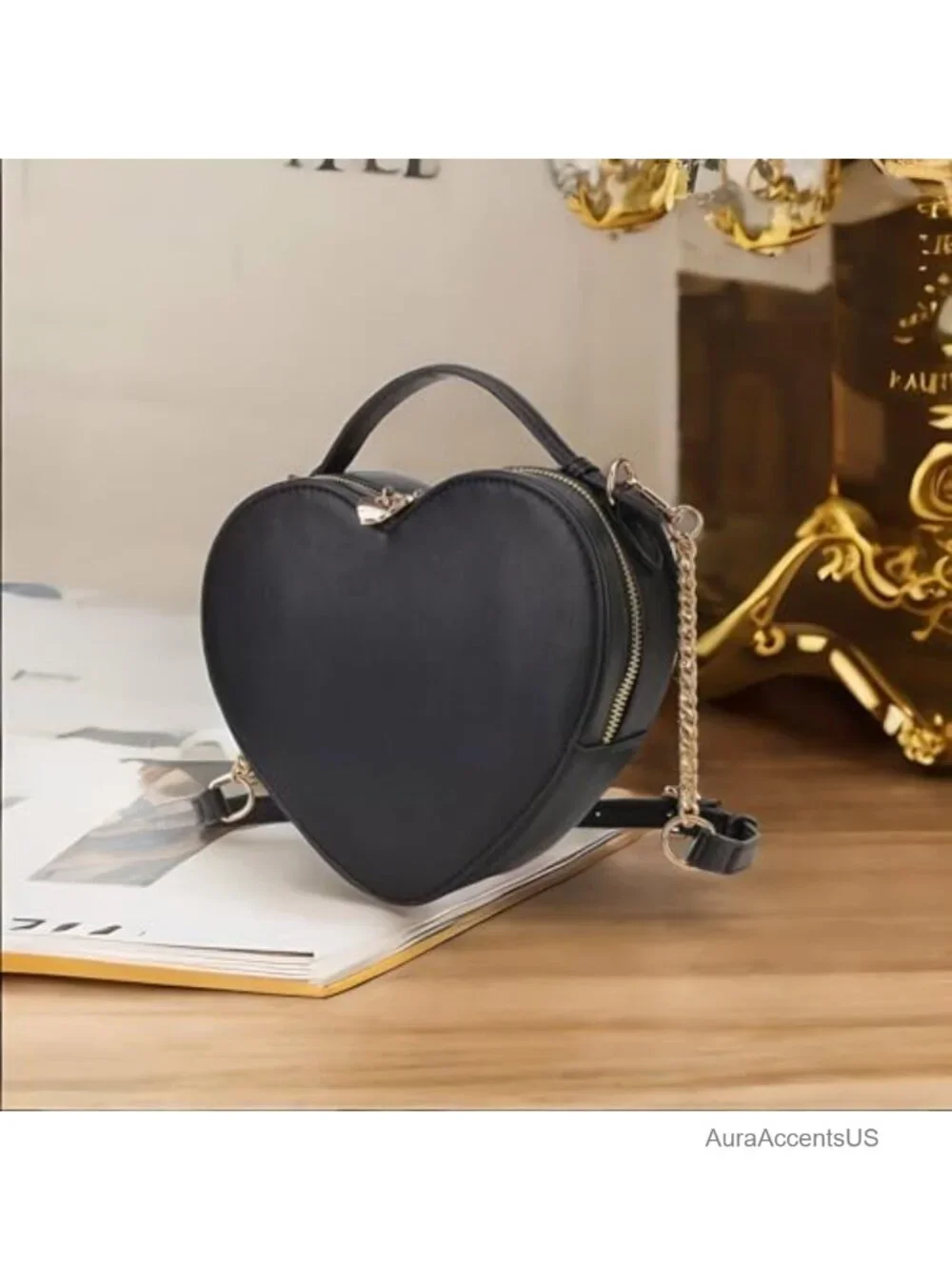 Heart Shaped Crossbody Purse – PU Leather Satchel with Chain Strap, Zip-Around